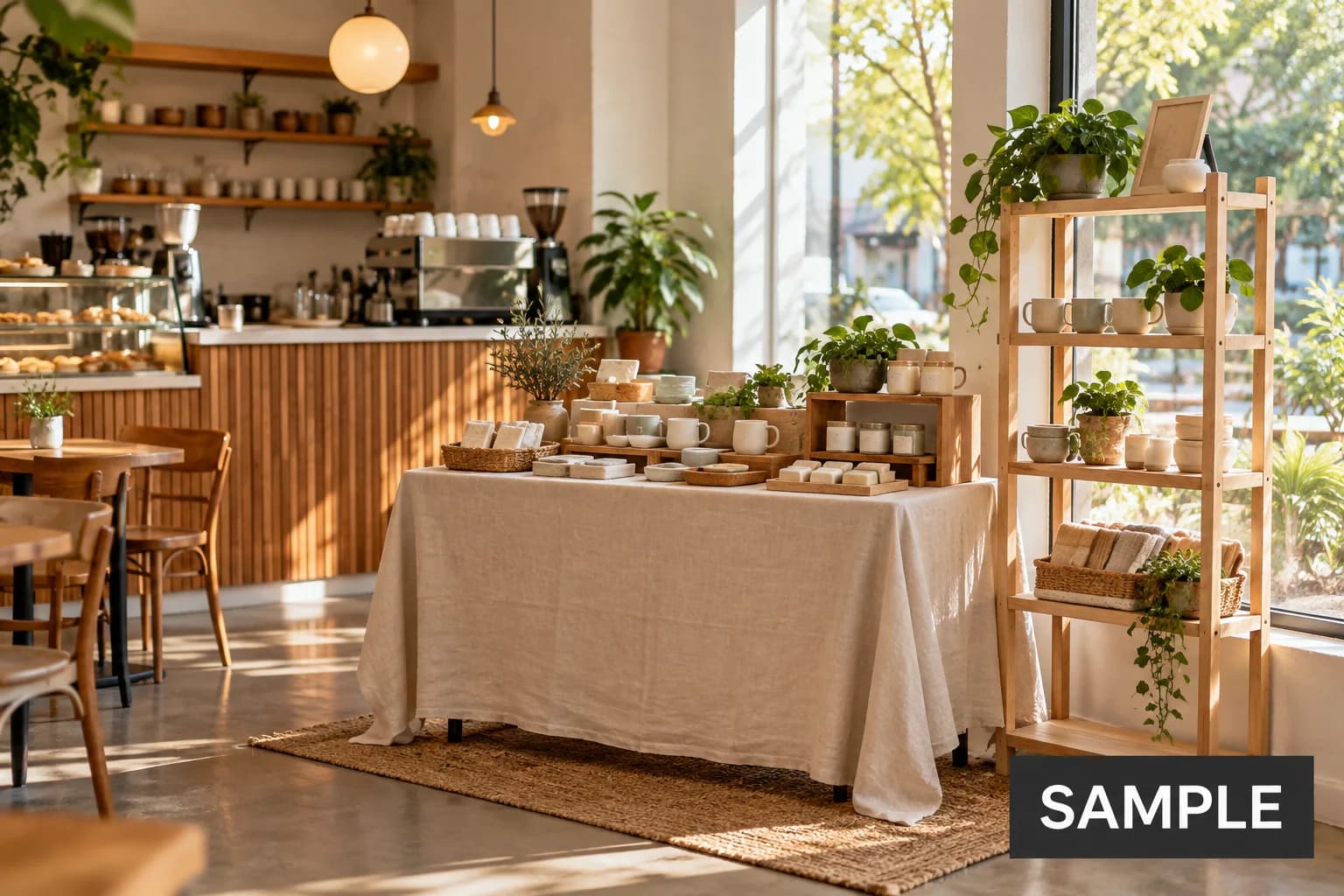 Fictional illustrative cafe pop-up area with a SAMPLE watermark