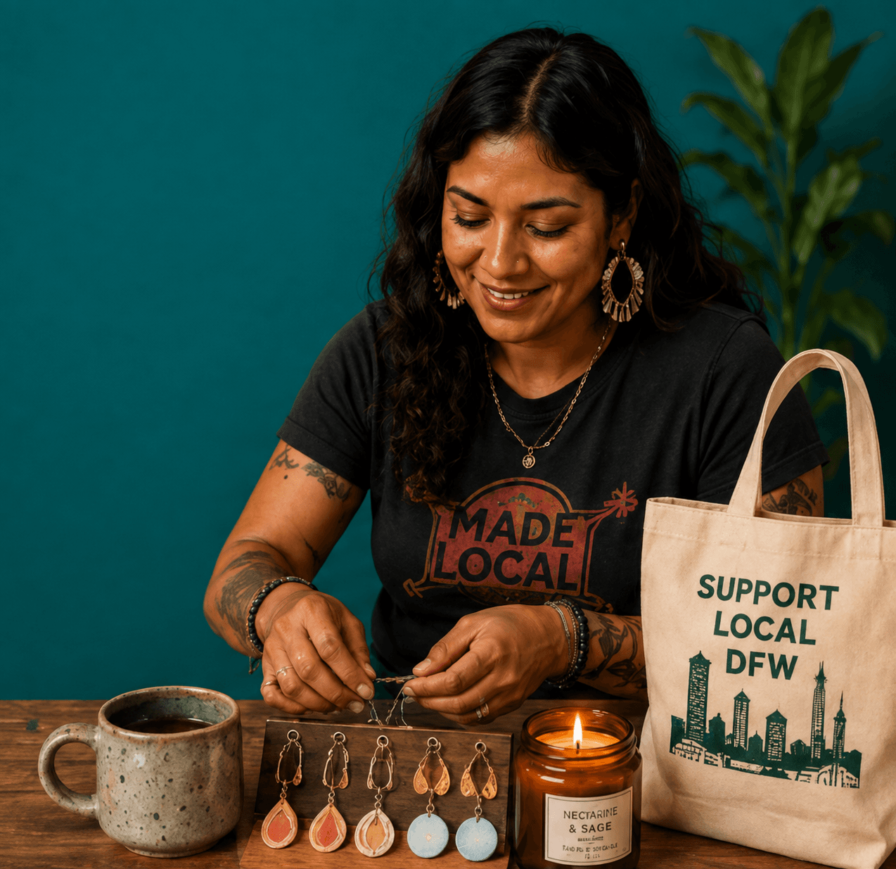 A local jewelry maker assembling colorful earrings at her worktable